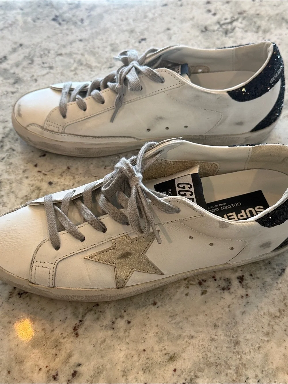 Golden Goose White Leather Low-Top Sneakers with Black Glitter Heel - Picture 8 of 10